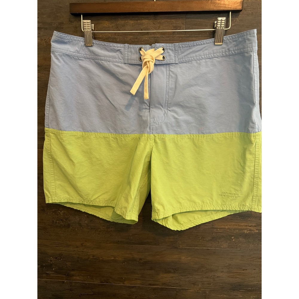 Saturdays New York City Mens Blue Green Colorblock Board Shorts Swim Trunks 32